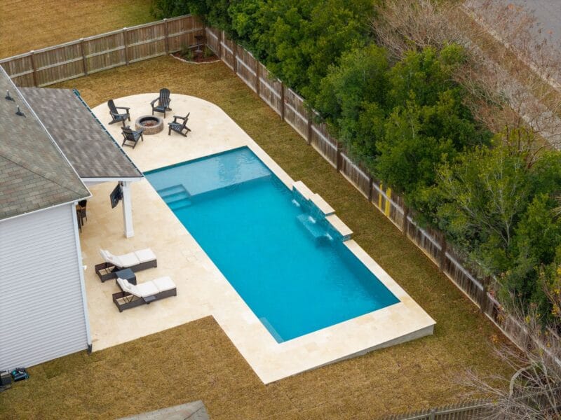 An aerial picture of a rectangular fiberglass pool