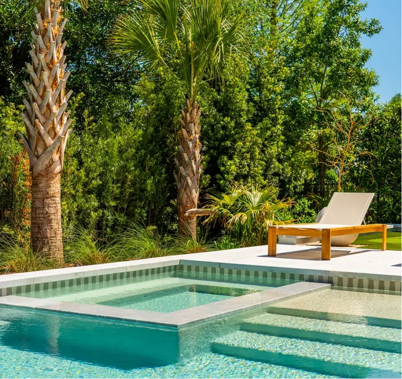 Pool design with raised spa, palm trees, and landscaped deck.