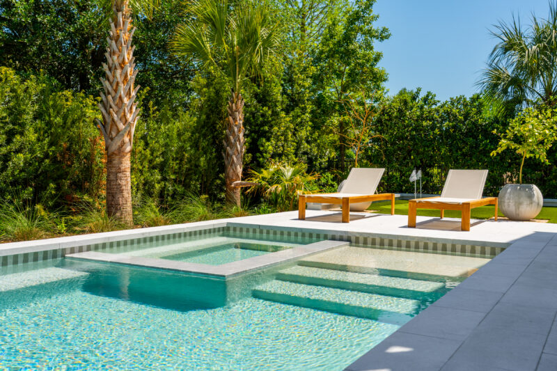An accessible pool remodeled with palm trees in the background