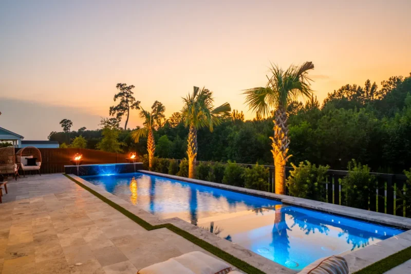 A sunset over a gunite pool on Denham Street in South Carolina