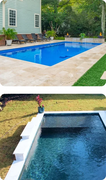 Custom rectangular inground pool with light travertine paver decking and a water feature wall with integrated fire pots by Legacy Pools.