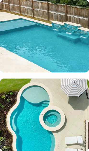 Custom inground pool with deep turquoise water, light paver coping, and a blue tile-faced water feature wall with multiple spillways by Legacy Pools.
